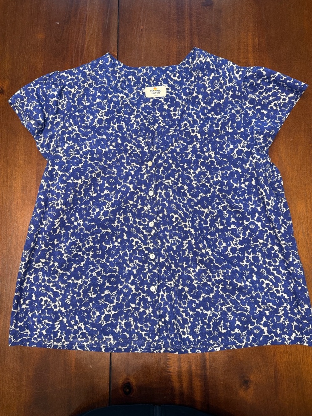 Marine Layer Blue print  V neck blouse, L